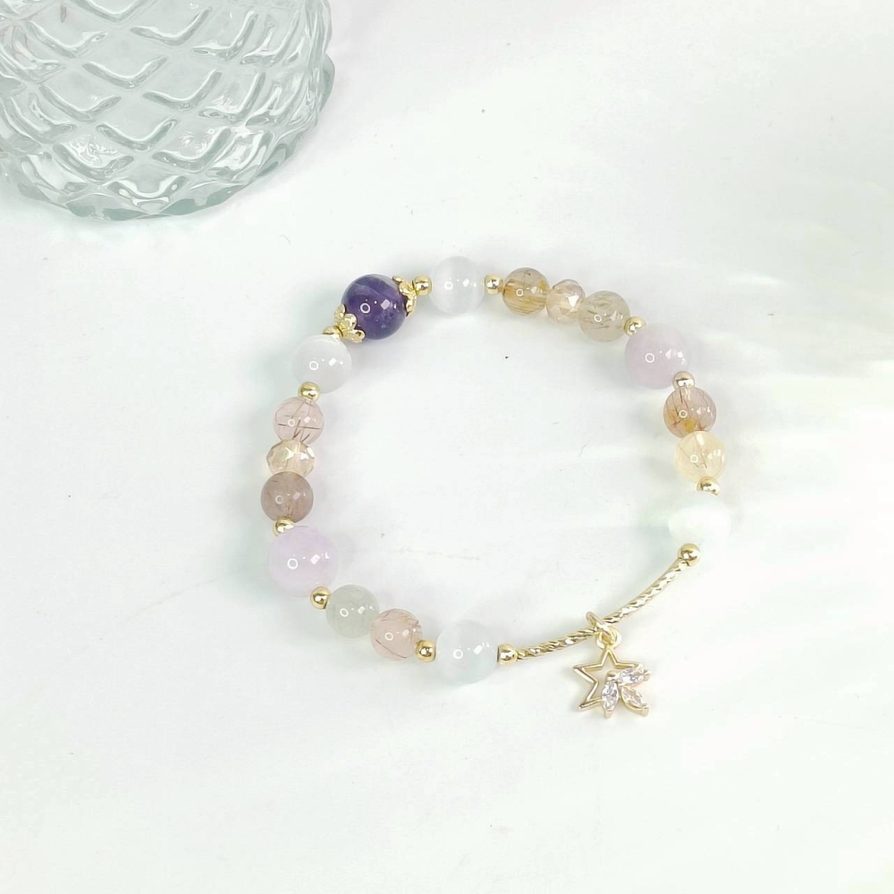 《星象流年・能量調頻手鍊》🌬️ 風語 尺寸:約14~14.5cm 雙子座、天秤座、水瓶座 海藍寶、彩髮晶、紫水晶-細節圖4