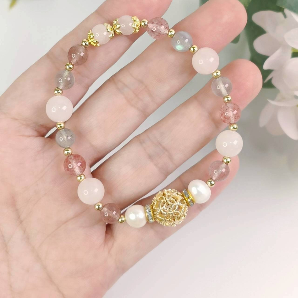 《星象流年・能量調頻手鍊》🌊月潤 尺寸:約14~14.5cm 巨蟹座、天蠍座、雙魚座 月光石、草莓晶、粉晶-細節圖2