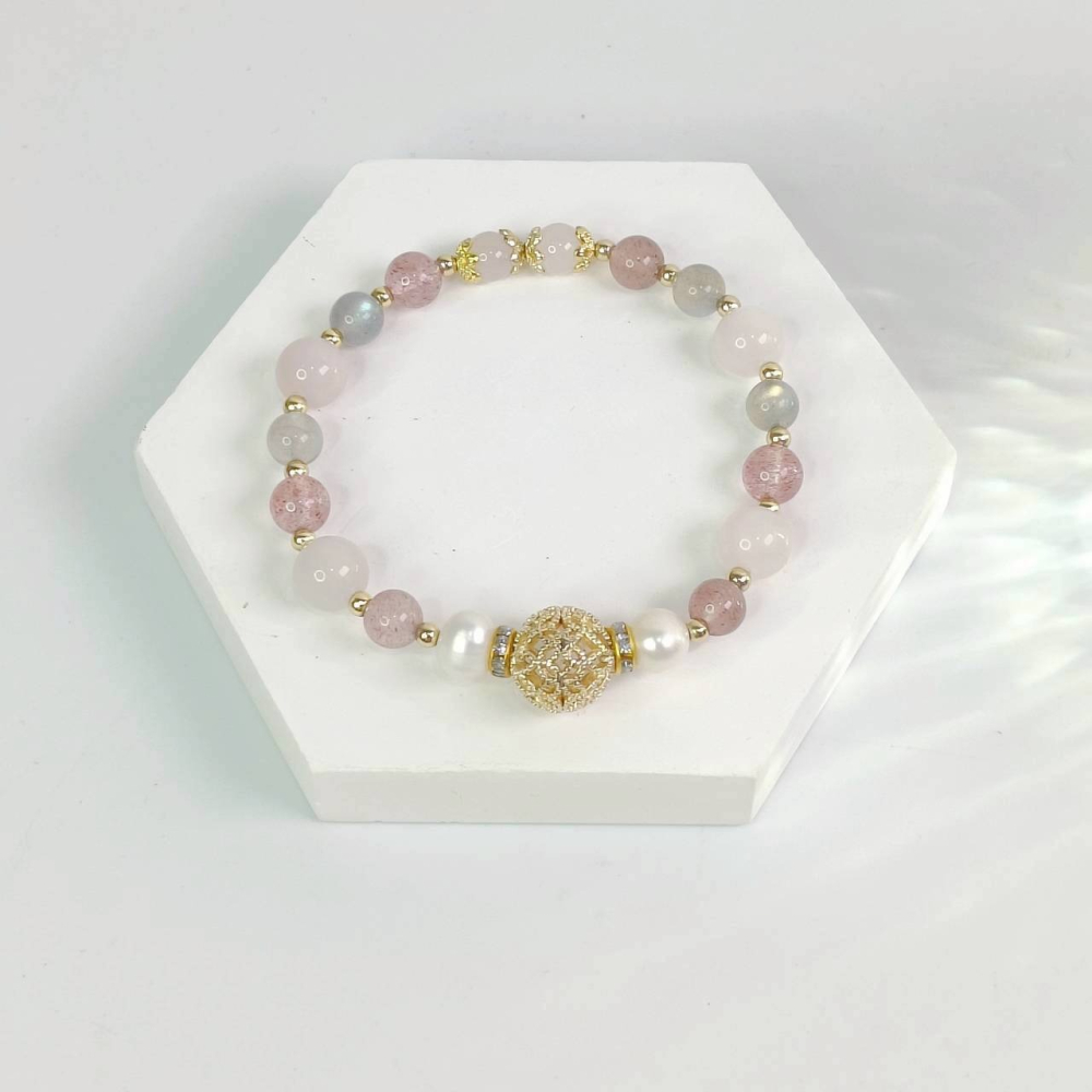 《星象流年・能量調頻手鍊》🌊月潤 尺寸:約14~14.5cm 巨蟹座、天蠍座、雙魚座 月光石、草莓晶、粉晶-細節圖3
