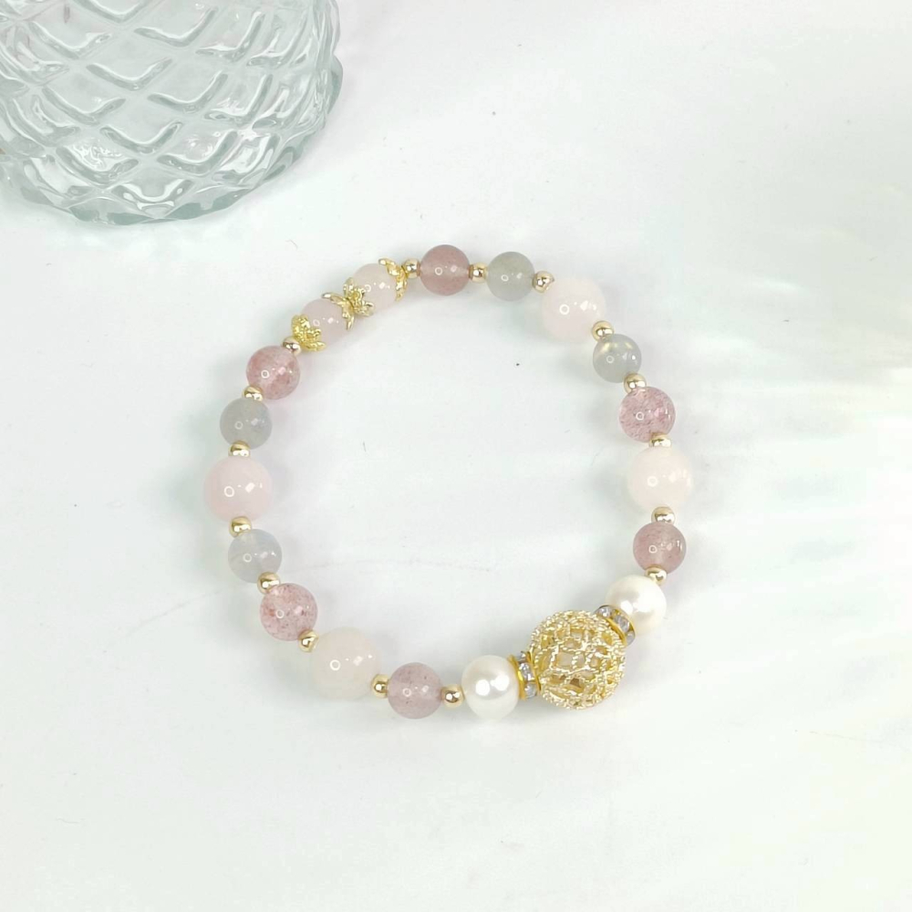 《星象流年・能量調頻手鍊》🌊月潤 尺寸:約14~14.5cm 巨蟹座、天蠍座、雙魚座 月光石、草莓晶、粉晶-細節圖4