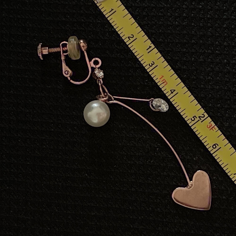 時尚百搭 優雅曲線玫瑰金愛心 珍珠鑽石單邊墜飾夾式耳環@c519€-細節圖3