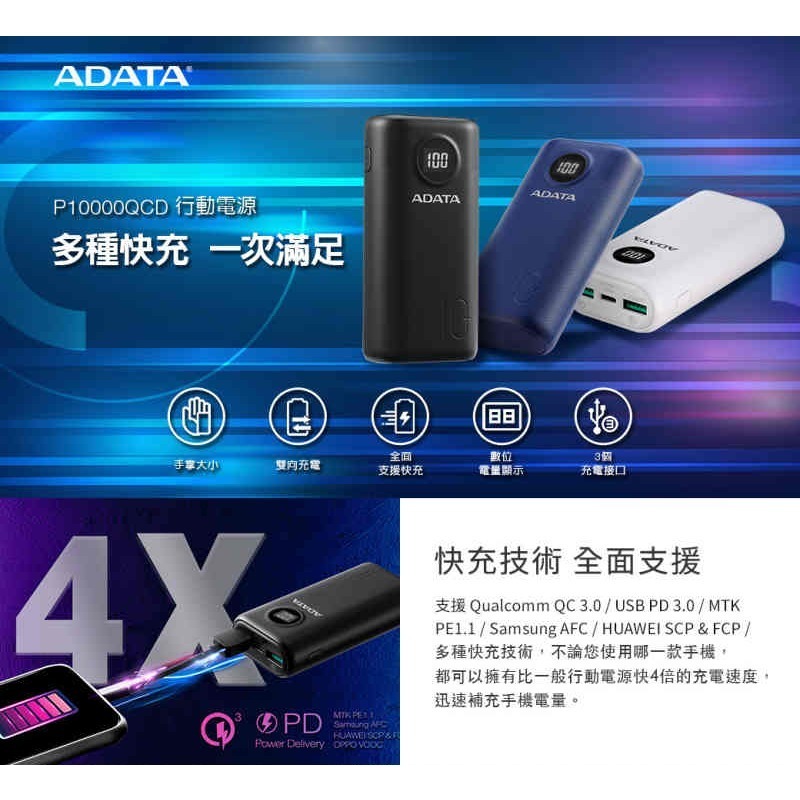 ADATA 威剛 PD 快充 QC3.0 行動電源 P10000QCD 液晶顯示 10000mAh-細節圖3