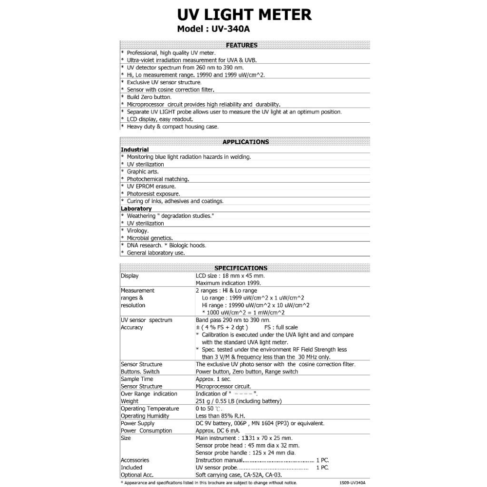 【DIY品牌聯盟】Lutron 路昌 紫外線光強度計 UV-340A 紫外線強度測試儀 紫外光照度計 照度計 強度計-細節圖4