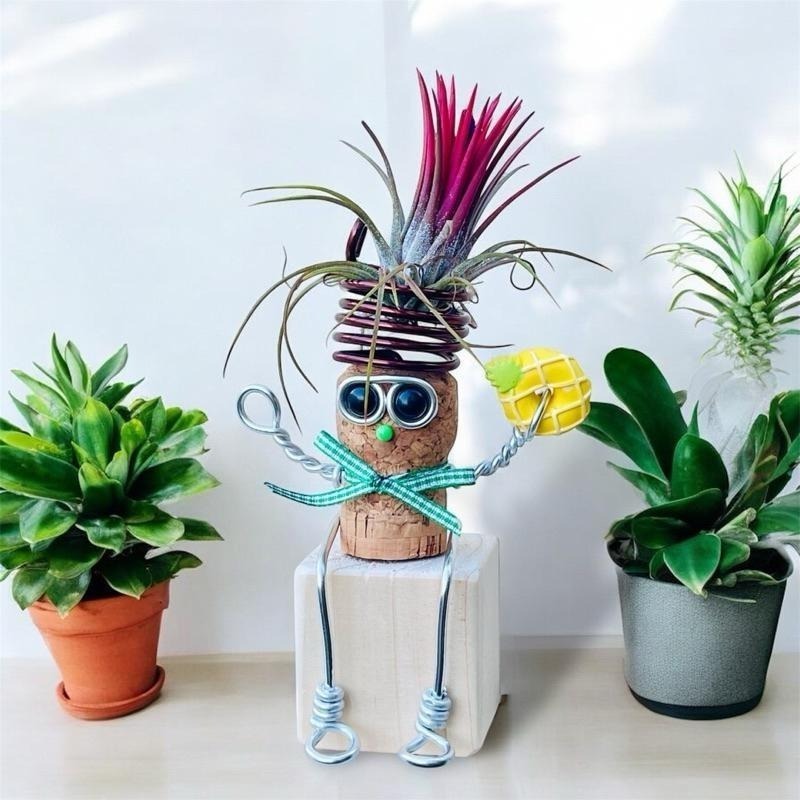 微甜多肉小陽台．空氣鳳梨的家｜鋁線手作．童趣小物~軟木塞娃娃空鳳架×積木座(不含空鳳)-細節圖7