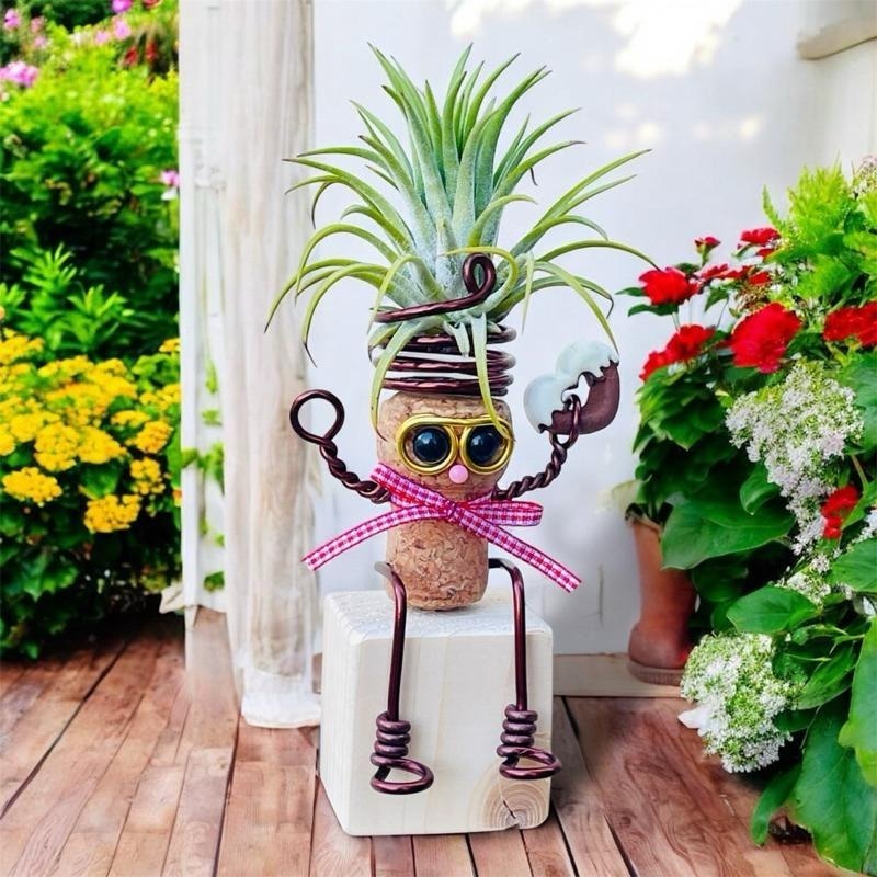 微甜多肉小陽台．空氣鳳梨的家｜鋁線手作．童趣小物~軟木塞娃娃空鳳架×積木座(不含空鳳)-細節圖10