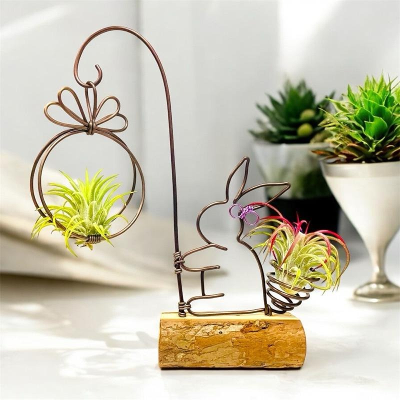 微甜多肉小陽台．空氣鳳梨的家｜鋁線手作．小兔兔與她的禮物．杉木底座（不含植物）-細節圖4