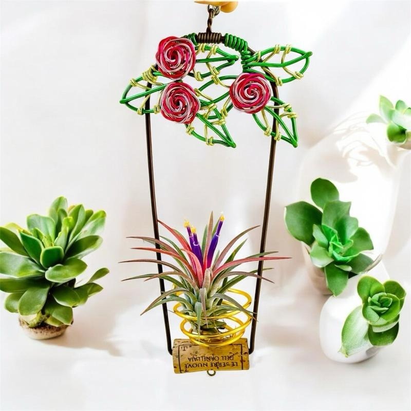 微甜多肉小陽台·空氣鳳梨的家｜鋁線手作．可旋轉軟木塞玫瑰空鳳掛架（不含空鳳）-細節圖5