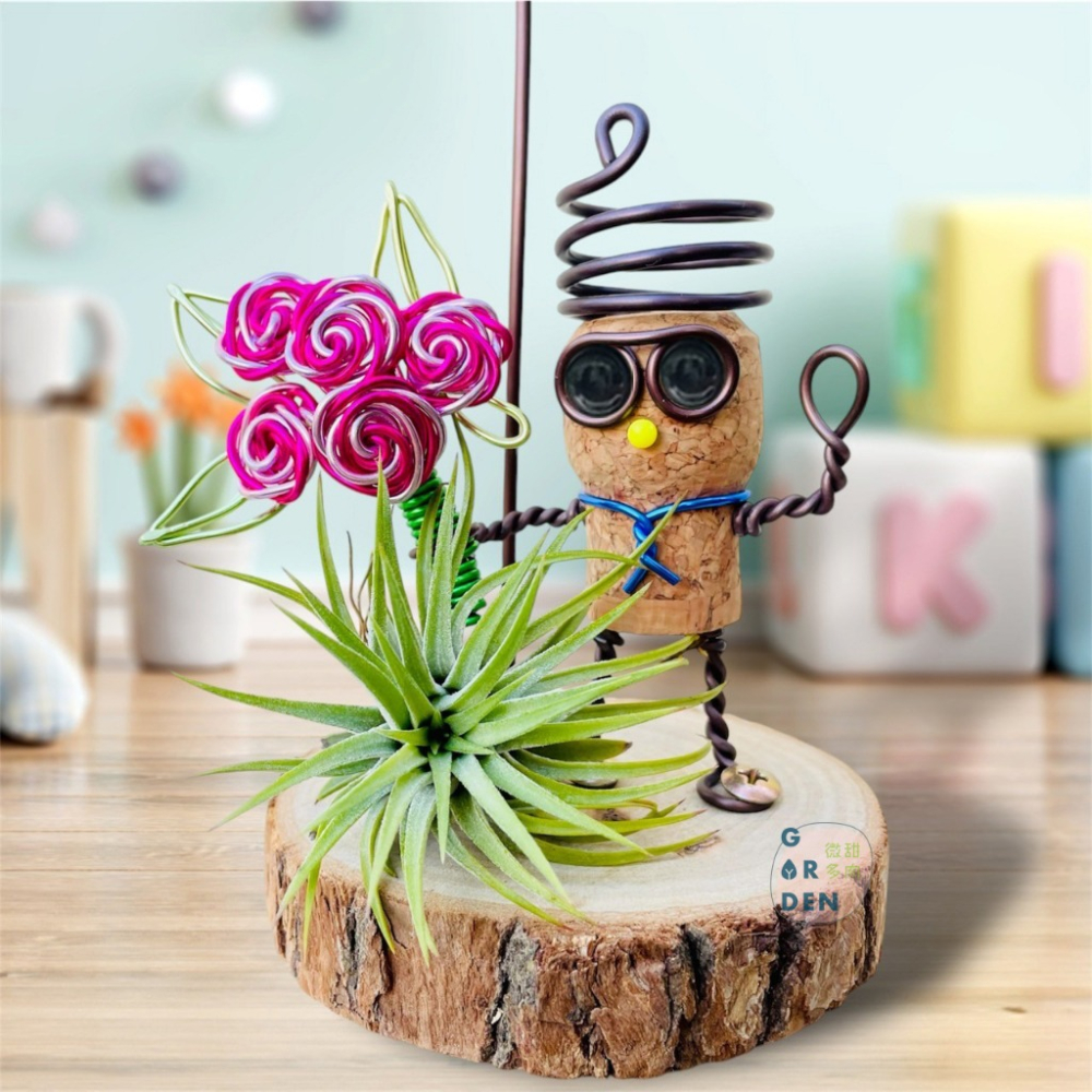 微甜多肉小陽台．空氣鳳梨的家｜鋁線手作．玫瑰花束，軟木塞小木偶！(不含植物）-細節圖3