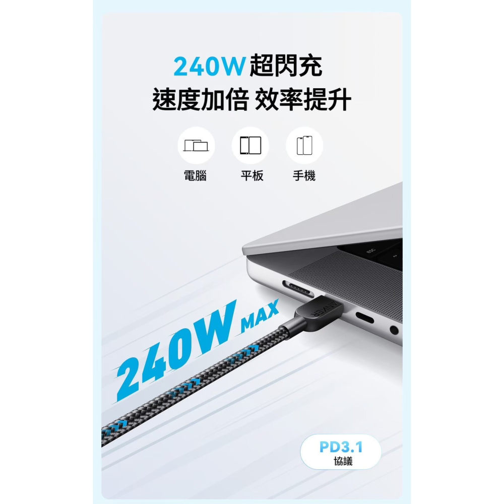 🌟新品上市 美國ANKER 240W閃充 雙USB-C快充編織傳輸線 快充線 安卓 筆電 充電線 type-c 傳輸線-細節圖2