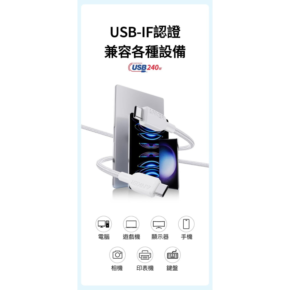 🌟新品上市 美國ANKER 240W閃充 雙USB-C快充編織傳輸線 快充線 安卓 筆電 充電線 type-c 傳輸線-細節圖5
