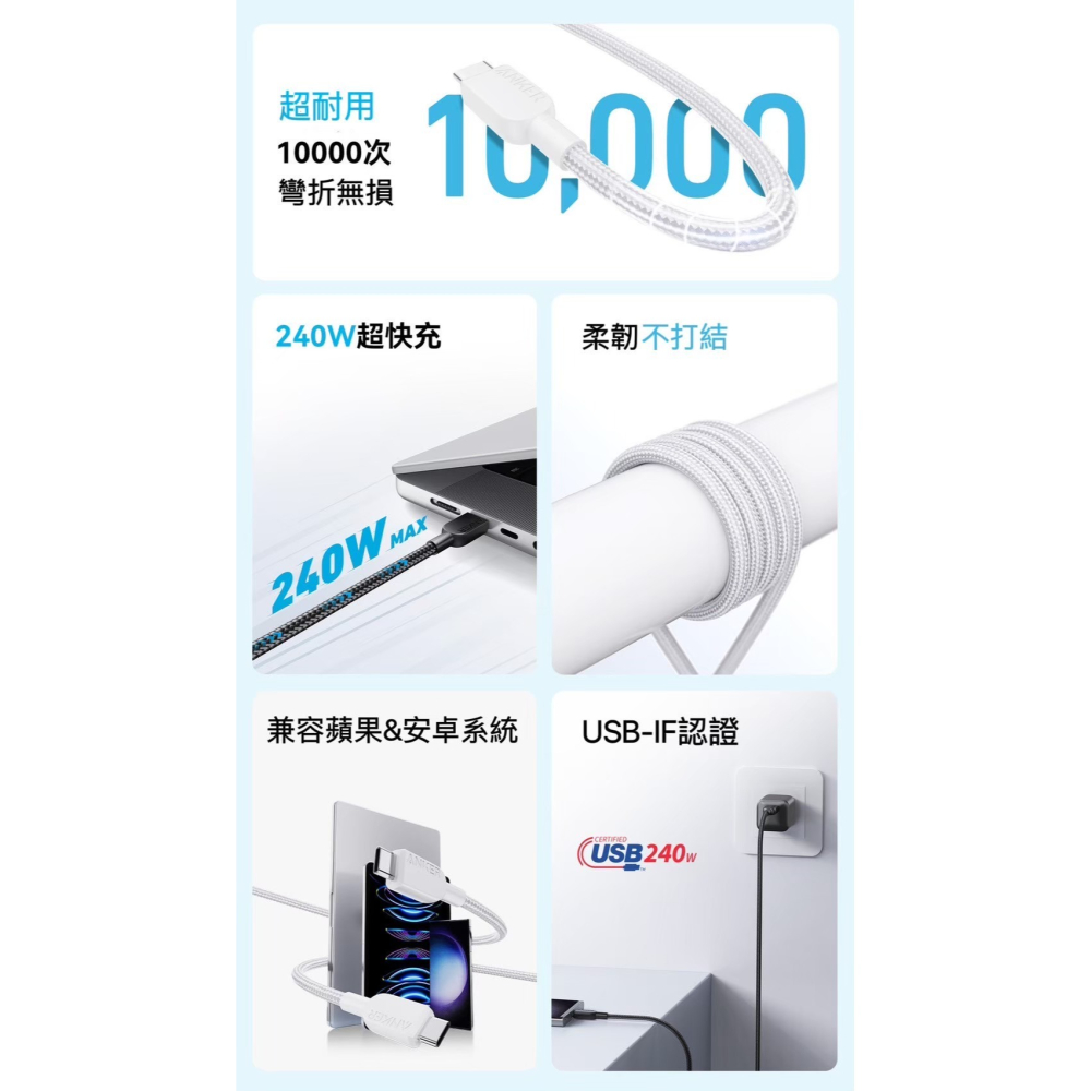🌟新品上市 美國ANKER 240W閃充 雙USB-C快充編織傳輸線 快充線 安卓 筆電 充電線 type-c 傳輸線-細節圖7