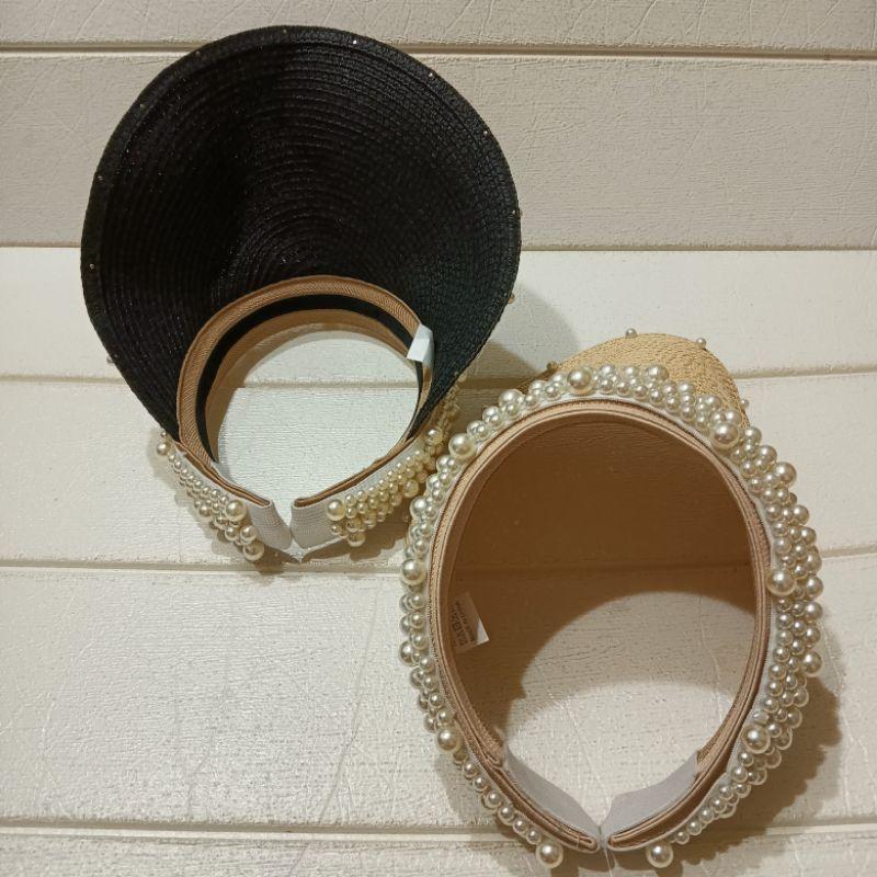 全新 現貨 太陽帽 草帽 女 夏季 手工珍珠 空頂帽 遮陽帽 太陽帽 防曬 夏日 海灘 海邊 涼爽 打扮 神器 帽 典雅-細節圖3