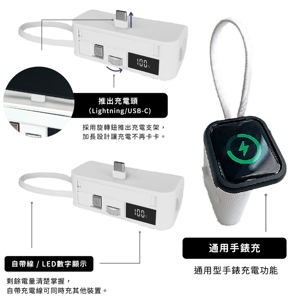 Wephone 5000mAh 隱藏直插式/數顯20W快充行動電源(雙向自帶線/可充手錶)-細節圖2