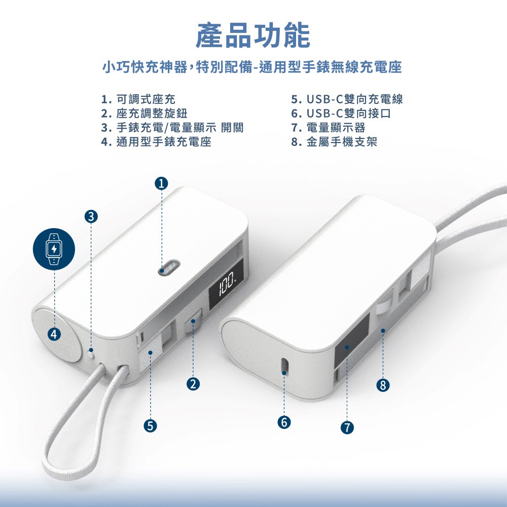 Wephone 5000mAh 隱藏直插式/數顯20W快充行動電源(雙向自帶線/可充手錶)-細節圖5