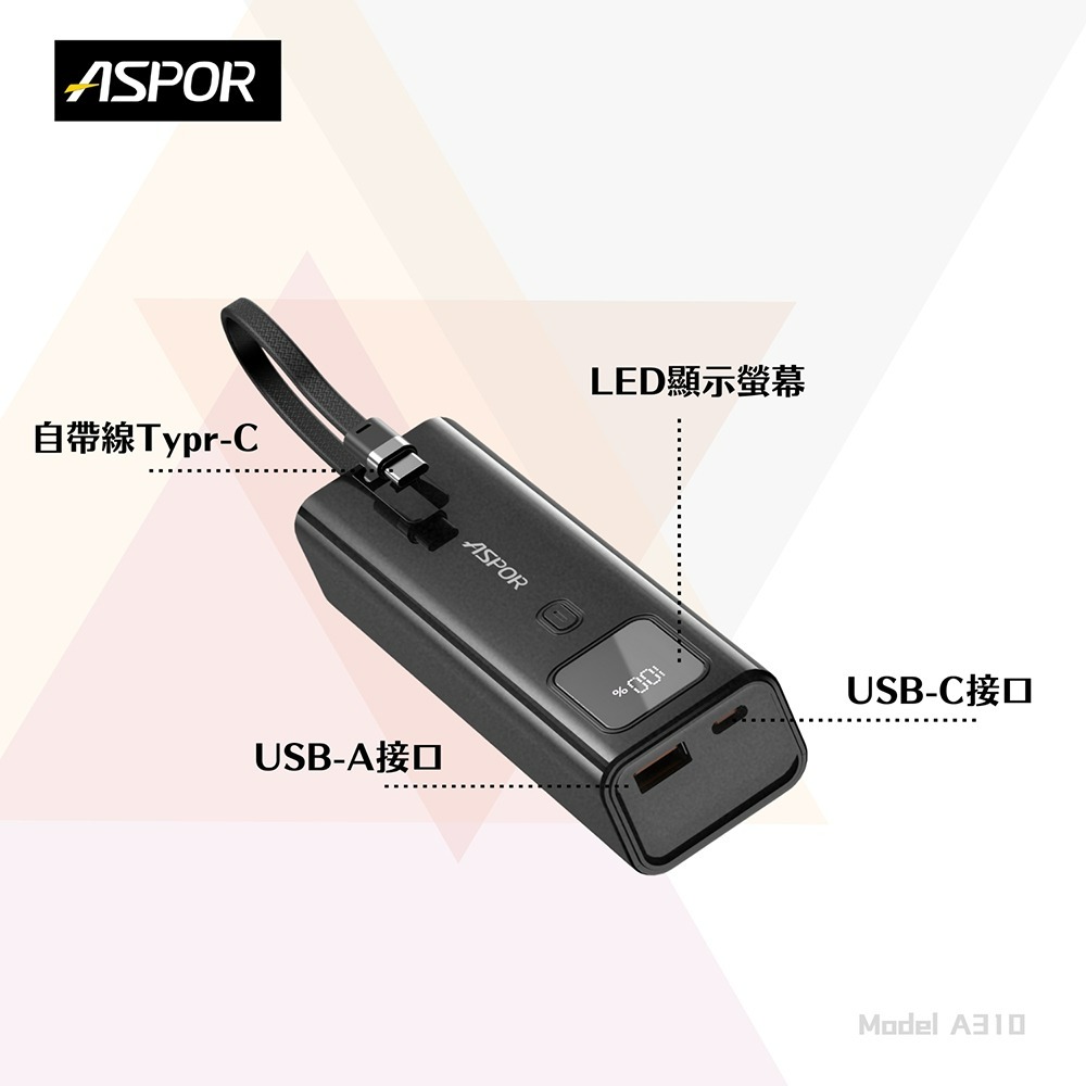 ASPOR 10000mAh 100W數顯快充行動電源(自帶USB-C快充線)-細節圖5