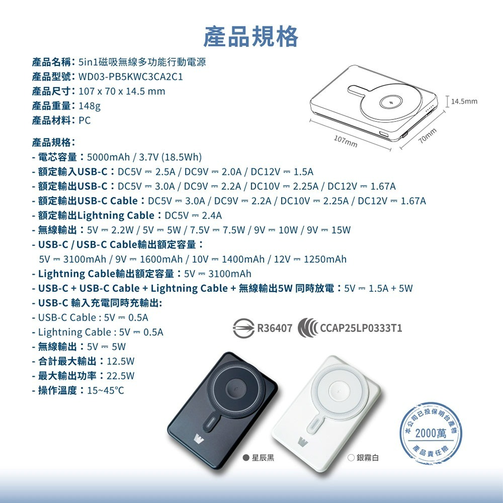 Wephone 5000mAh 22.5W 五合一磁吸無線多功能行動電源(手機/手錶/耳機)-細節圖9
