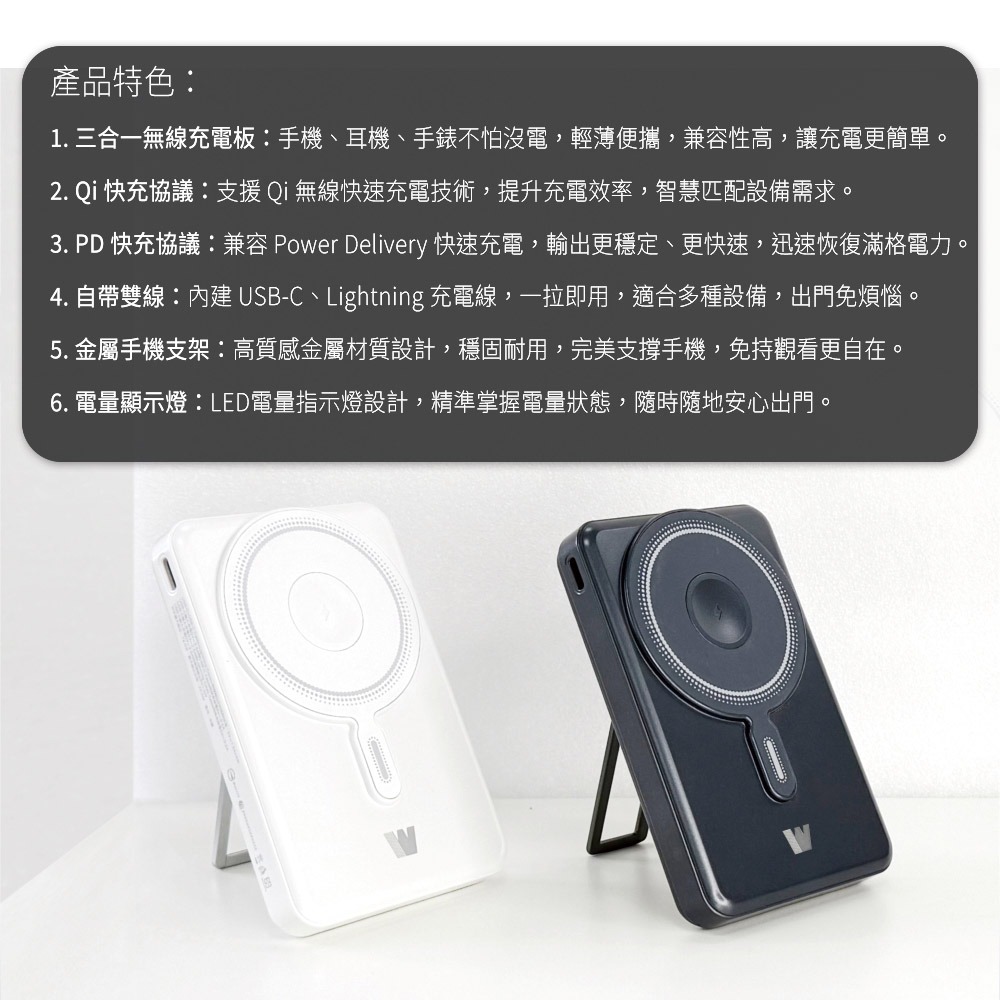 Wephone 10000mAh 22.5W 五合一磁吸無線多功能行動電源(手機/手錶/耳機) 37Wh-細節圖8