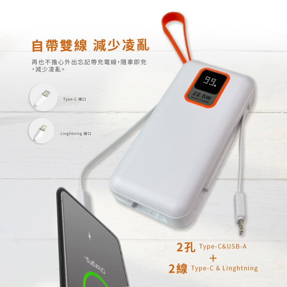 MCK 台灣製造 10000mAh 22.5W 自帶雙線 數顯快充行動電源(37wh)-細節圖4