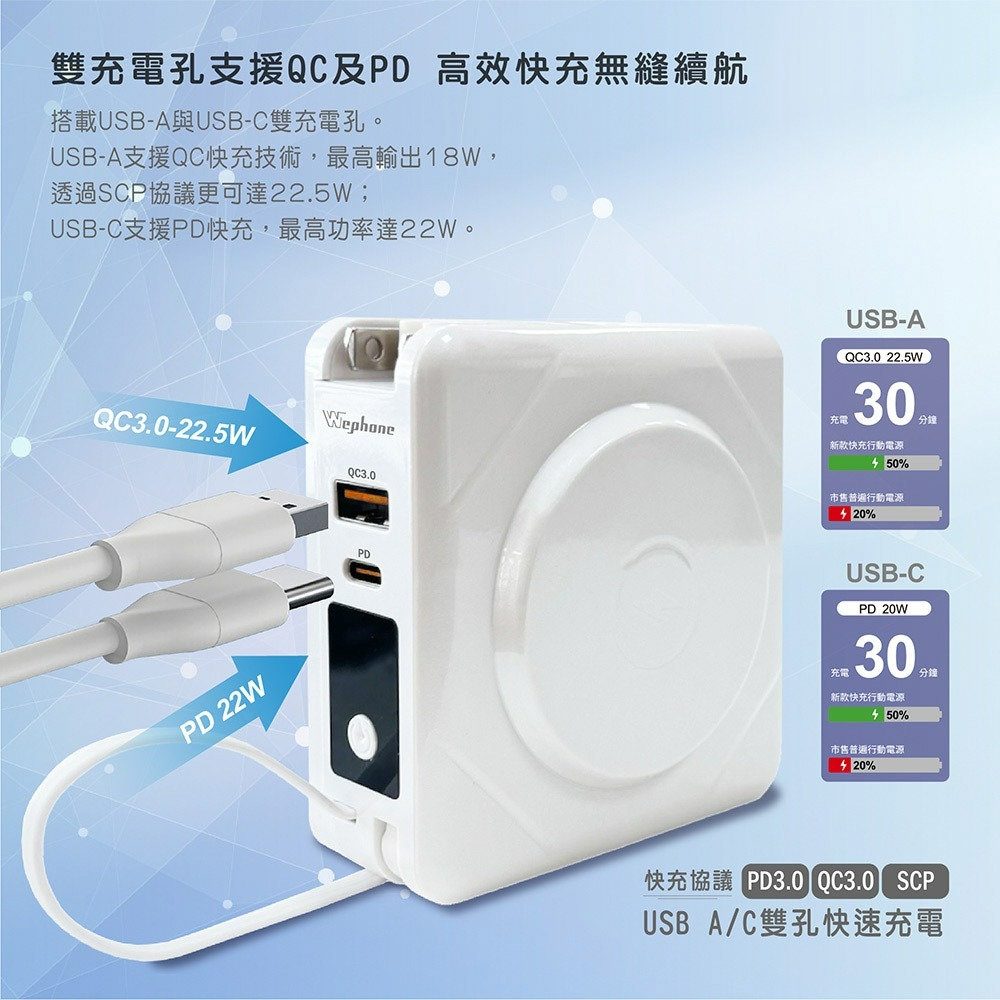 Wephone 7+1 快充行動電源/磁吸無線充電/自帶線/附贈出國轉接頭(手機/手錶/耳機)-細節圖4