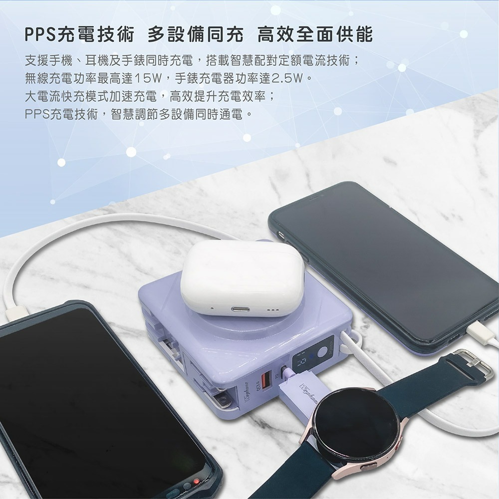 Wephone 7+1 快充行動電源/磁吸無線充電/自帶線/附贈出國轉接頭(手機/手錶/耳機)-細節圖6