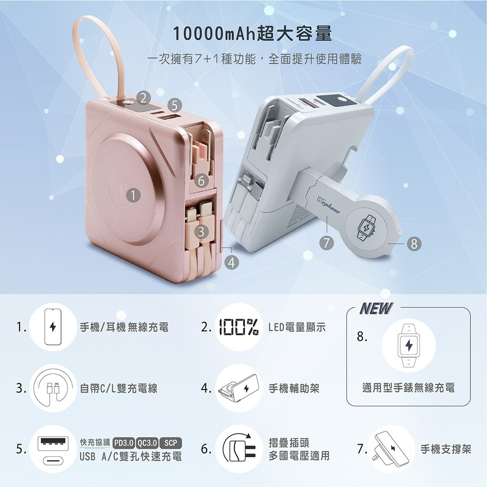 Wephone 7+1 快充行動電源/磁吸無線充電/自帶線/附贈出國轉接頭(手機/手錶/耳機)-細節圖8