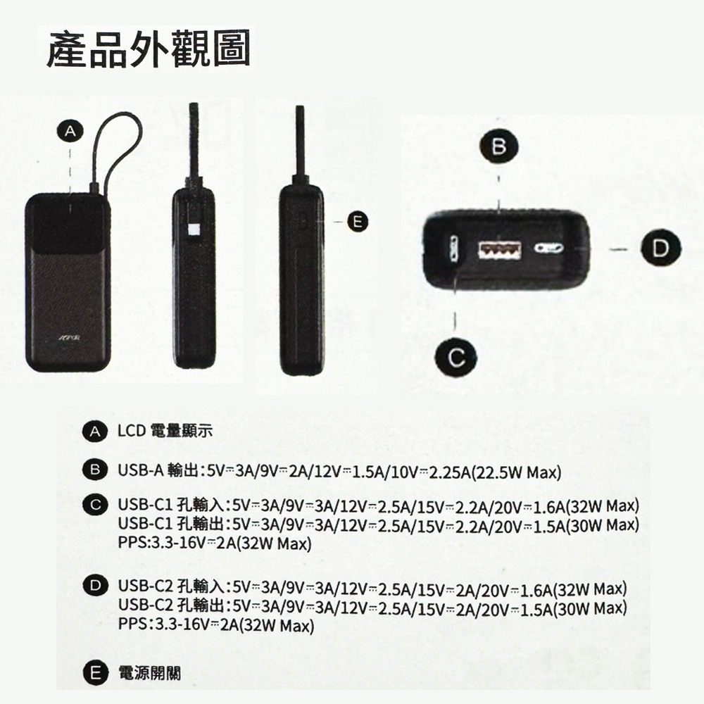 ASPOR 10000mAh 30W自帶線Type-C雙向快充行動電源(37wh)-細節圖6