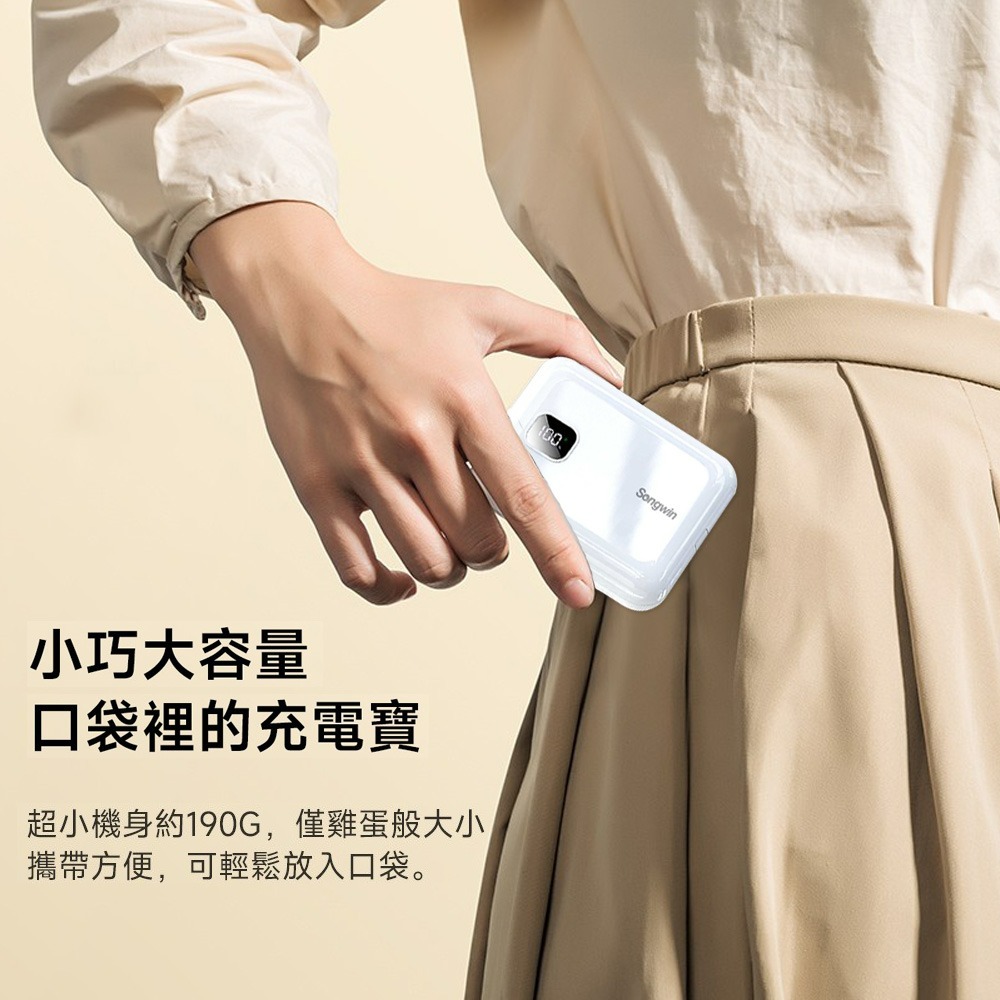 【Songwin】PD/QC快充 10000mAh 22.5W 可拆式自帶雙線/LED數顯行動電源-細節圖2