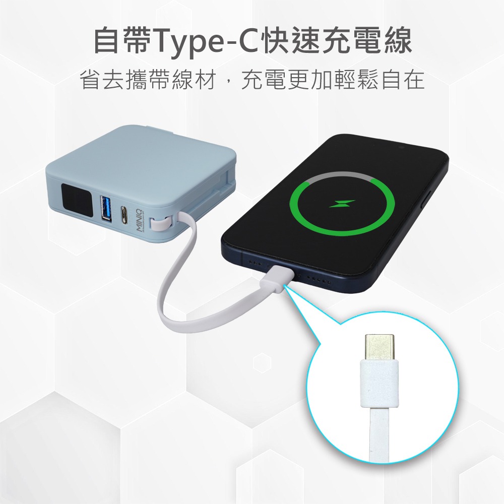 MINIQ 台灣製造 自帶Type-C快充線/AC插頭/LED數顯 多合一行動電源(附贈出國轉接頭)-細節圖3