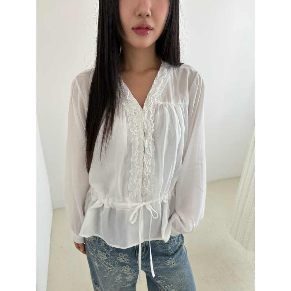 Korea🇰🇷女款｜荷葉滾邊收腰白襯衫｜GA104［預購］BandQ studio-細節圖3