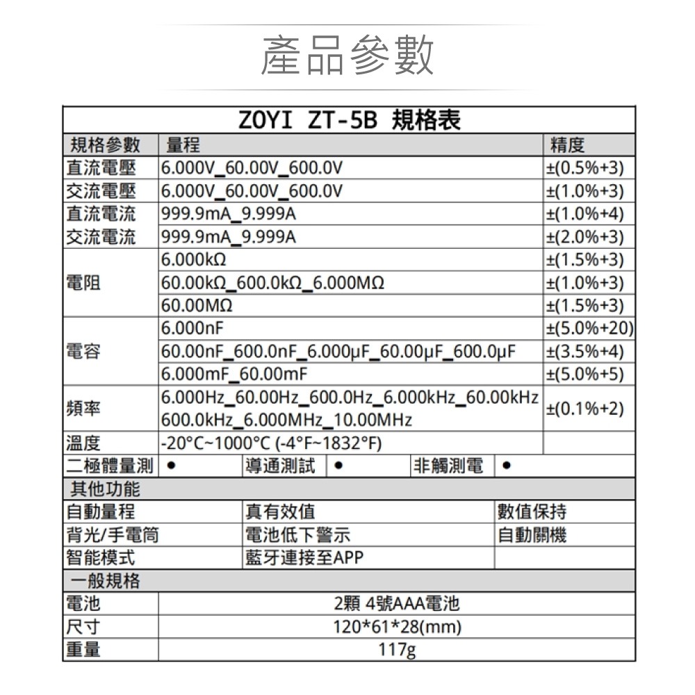 『聯騰．堃喬』ZT-5B 智能量測 多功能 數位電錶 具藍芽傳輸 ZOYI 眾儀電測 一年保固-細節圖5