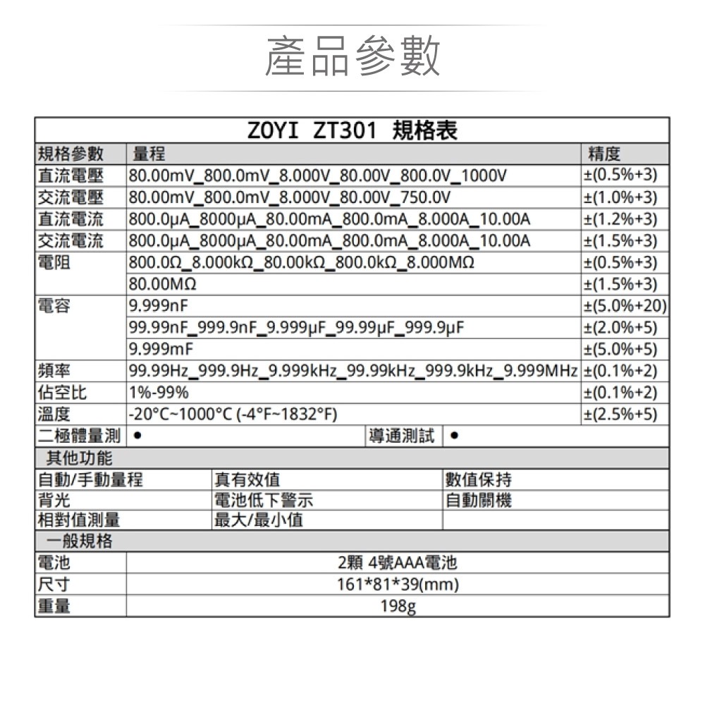 『聯騰．堃喬』ZT-301 高精度智能量測 多功能 數位電錶 ZOYI 眾儀電測 一年保固-細節圖5