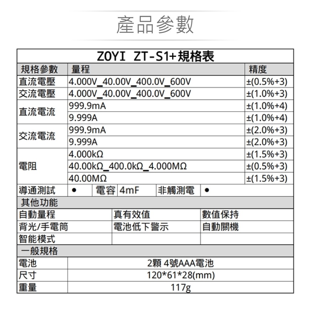 『聯騰．堃喬』ZOYI ZT-S1+ 自動切換檔位 數位式 三用電錶 背光型 具NVC電路偵測 一年保固 眾儀電測-細節圖5