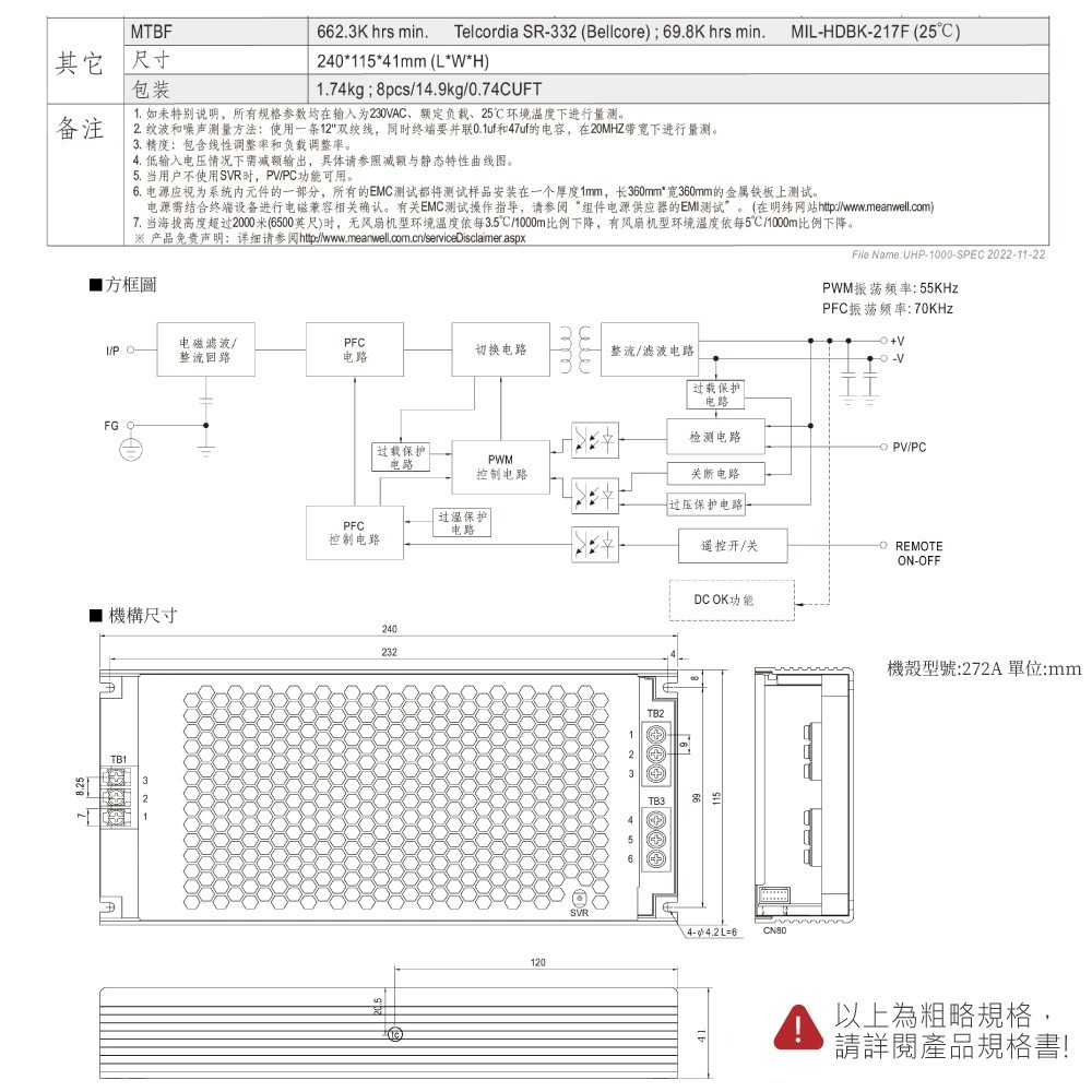 聯騰．MW明緯 UHP-1000-12/24/36/48 200W PFC 顯示屏 螢幕 電源供應器-細節圖6