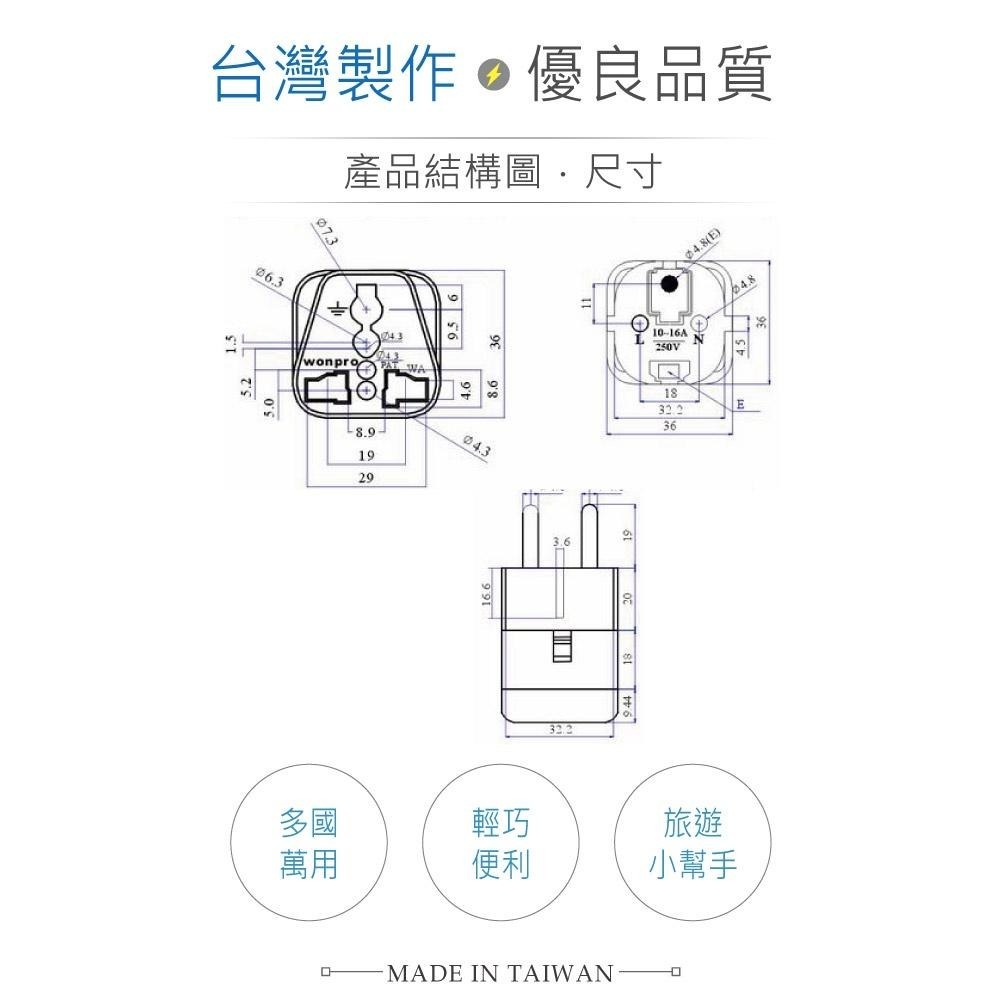 『聯騰．堃喬』Wonpro WA-9 轉接頭 2P 附側接地型 嵌入式插腳-細節圖3