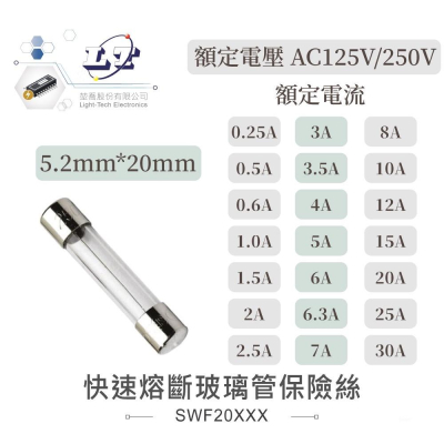 『聯騰．堃喬』快速 熔斷 玻璃管 保險絲 5.2mm*20mm 0.25A 0.5A 0.6A 1.0A 1.5A 2A