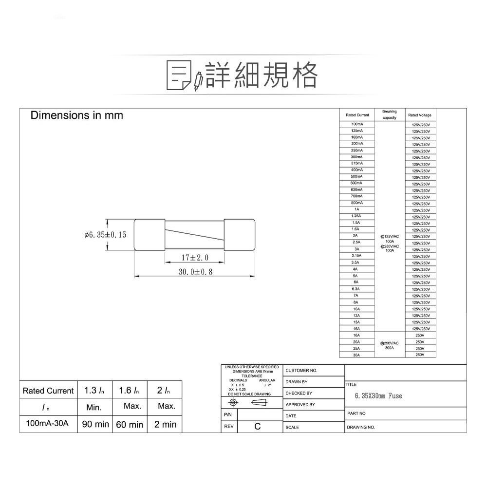 聯騰．快速熔斷玻璃管保險絲10入 6.35mm*30mm 0.25A 0.5A 0.6A 1.0A 1.5A 2A-細節圖2