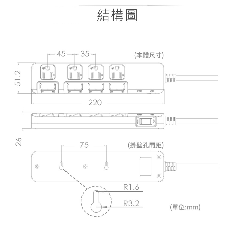 『聯騰．堃喬』 iPlus+保護傘 5切4座3P 1.8M 2.7M 4.5M 延長線 (PU-3545)-細節圖7