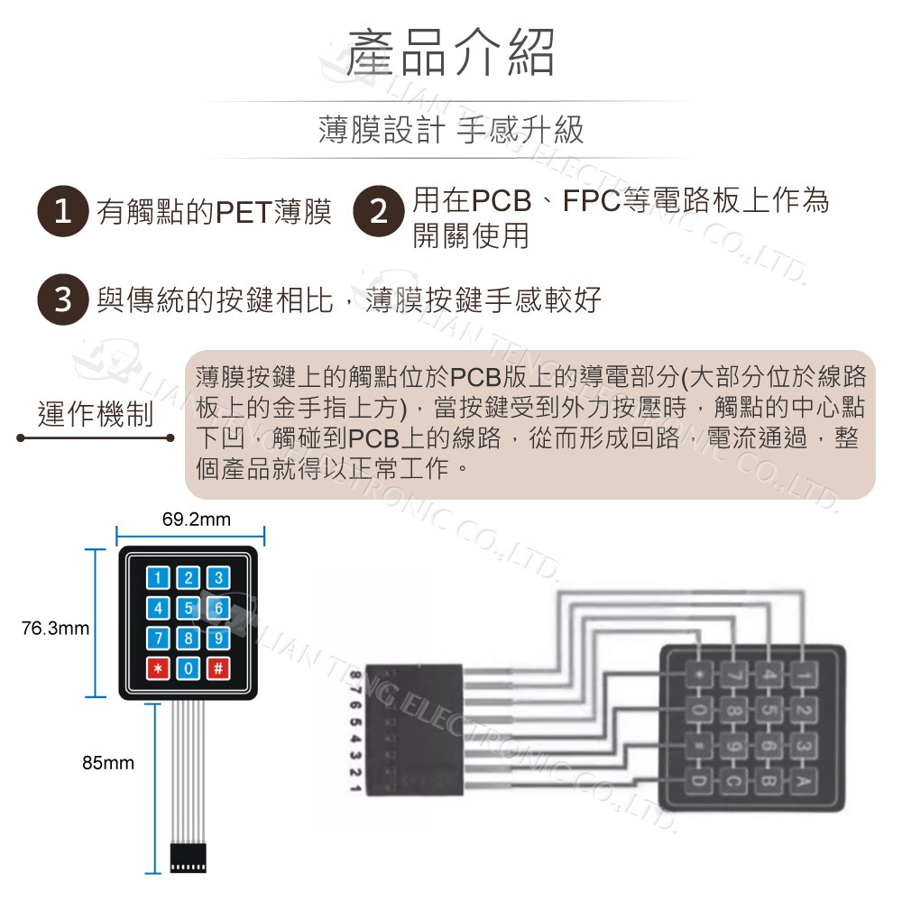 『聯騰．堃喬』 3*4 矩陣薄膜鍵盤 12按鍵單晶片實驗外擴鍵盤-細節圖2