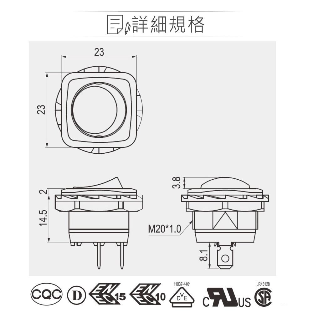 聯騰．洛可開關 2P 紅蓋/黃蓋/綠蓋 帶燈AC110V 洛克/波動/翹板/電源/機車用汽車用/切換/新進 開關-細節圖2