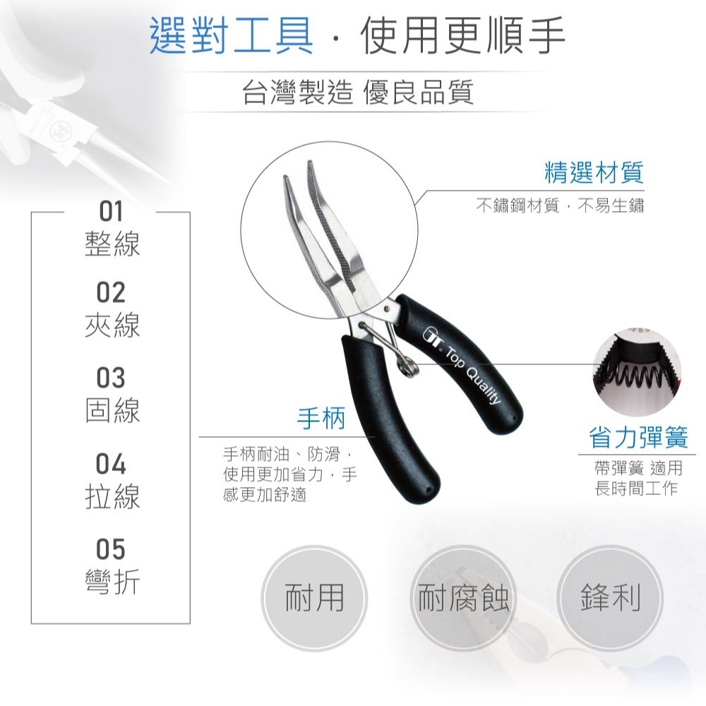 聯騰．MP-106｜4.5 吋迷你不銹鋼彎嘴鉗・精密夾持＋剪斷軟鐵功能・電子維修／創客教學首選・台灣製造-細節圖2