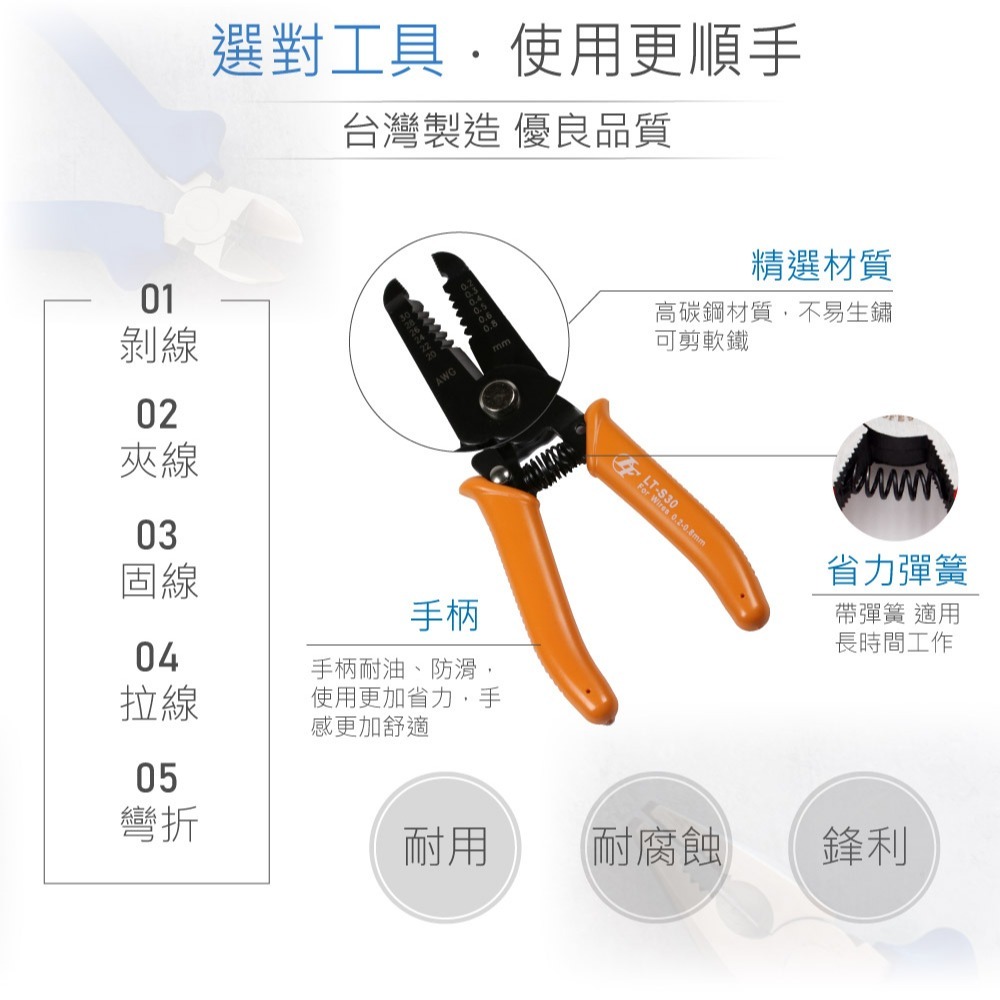 聯騰．LT-L30 高碳鋼精密剝線鉗｜0.8~2.6mm 線徑・6吋・具剪斷軟鐵功能・電子維修／創客教學首選-細節圖2