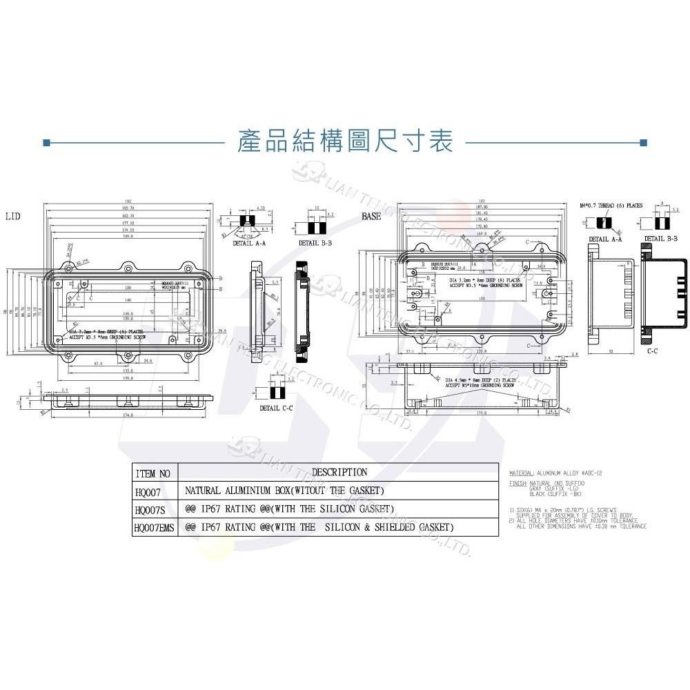 聯騰．Gainta HQ007EMS 192x96x67mm 萬用型 IP67 防塵 防水 防電磁波 壓鑄鋁盒-細節圖5