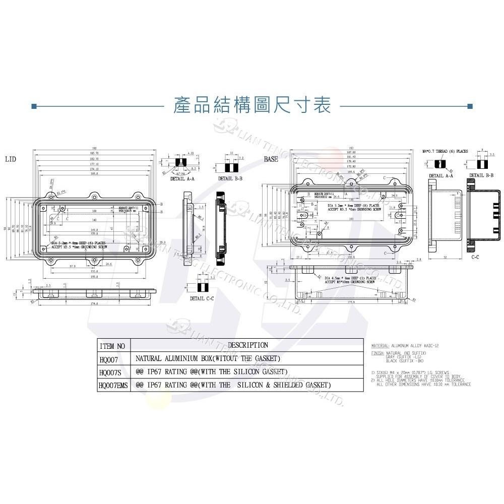 聯騰．Gainta HQ007S 192x96x67mm 萬用型 IP67 防塵防水 壓鑄 鋁盒 含矽膠防水墊圈-細節圖4