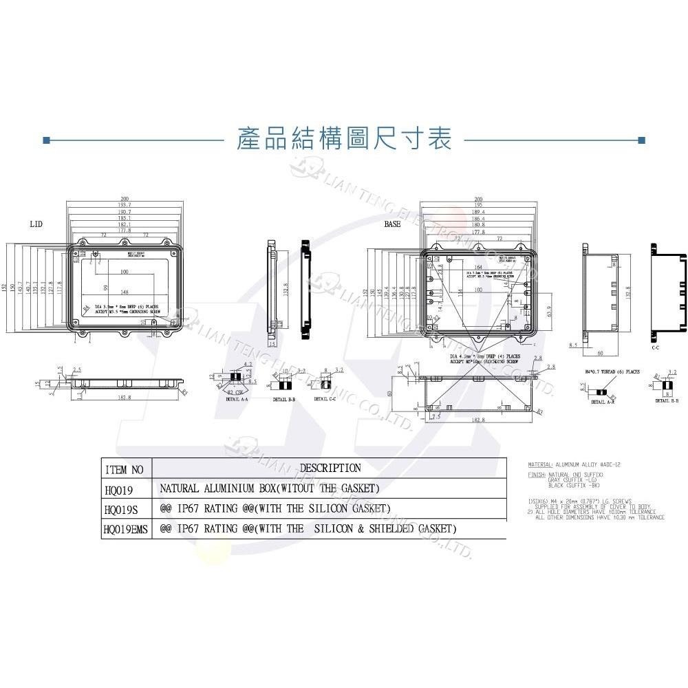 聯騰．Gainta HQ019EMS 200x150x75mm 萬用型 IP67 防塵防水 防電磁波 壓鑄 鋁盒-細節圖5