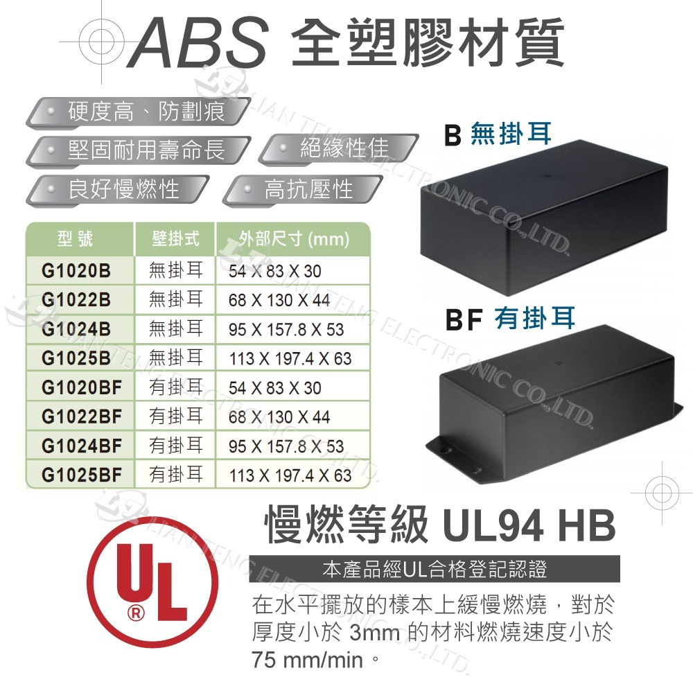 聯騰．G1020-G1025｜萬用型ABS塑膠盒｜一般款/壁掛款｜UL94HB 防火｜黑-細節圖2