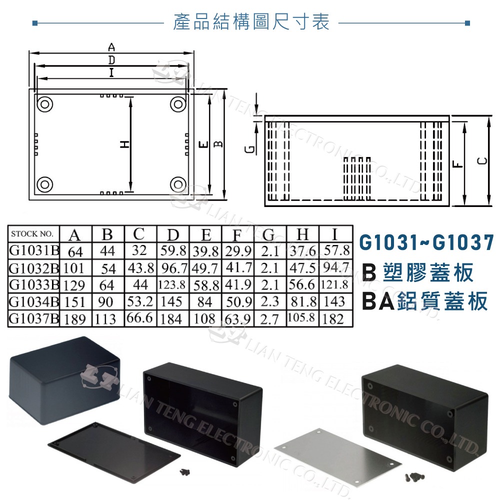 聯騰．G1031-G1039 ｜萬用型ABS塑膠盒｜鋁質上蓋｜UL94HB 防火｜黑-細節圖3