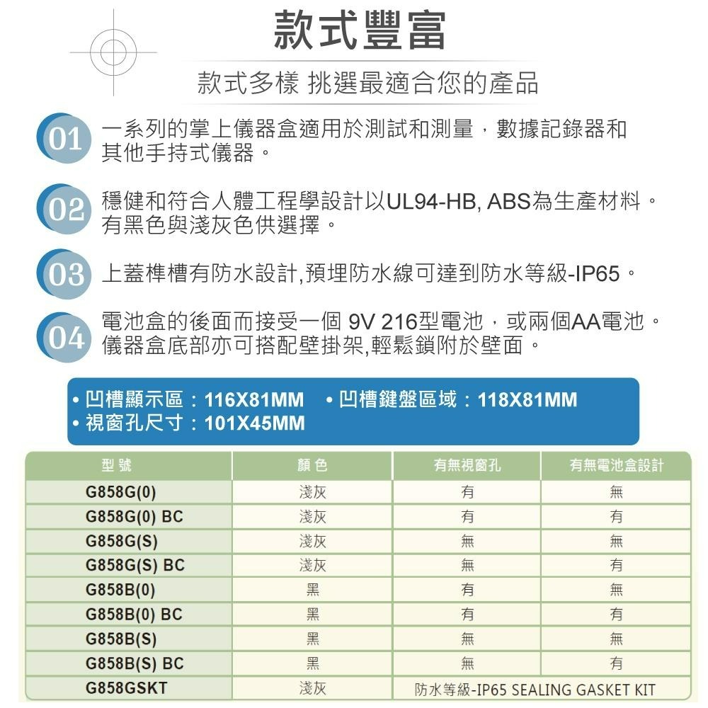 『聯騰．堃喬』Gainta G858B(O) 131x237x45mm 掌上型 黑色 儀器盒 有視窗孔 IP65 萬用盒-細節圖3