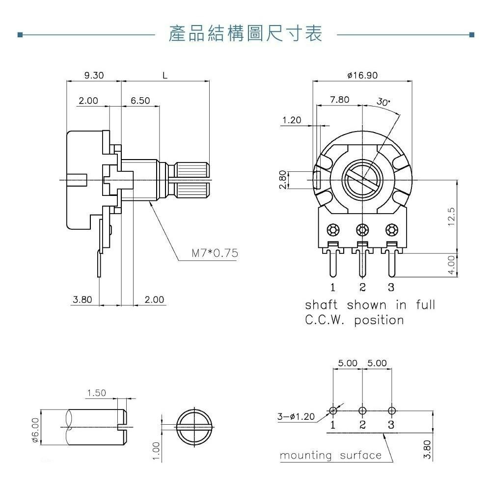 聯騰．（軸長15mm）16M/M 金屬軸 碳膜 可變電阻 多種阻值 B型 插板式 單聯 / 電位器 / 電位計-細節圖5