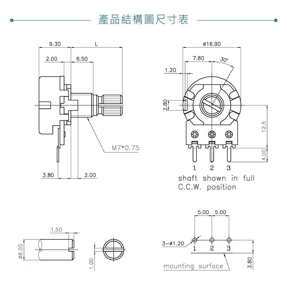 『聯騰．堃喬』（軸長15mm）16M/M 金屬軸 碳膜 可變電阻 多種阻值 B型 插板式 單聯 / 電位器 / 電位計-細節圖5