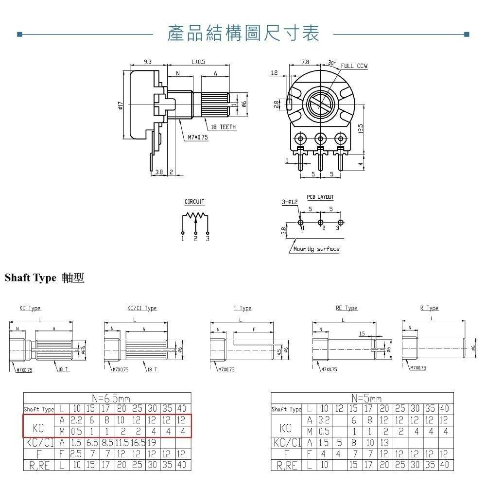 『聯騰．堃喬』16M/M 金屬軸 碳膜 A型 軸長 20mm 插板式 單聯 可變電阻 電位器 電位計 單聯A型-細節圖4